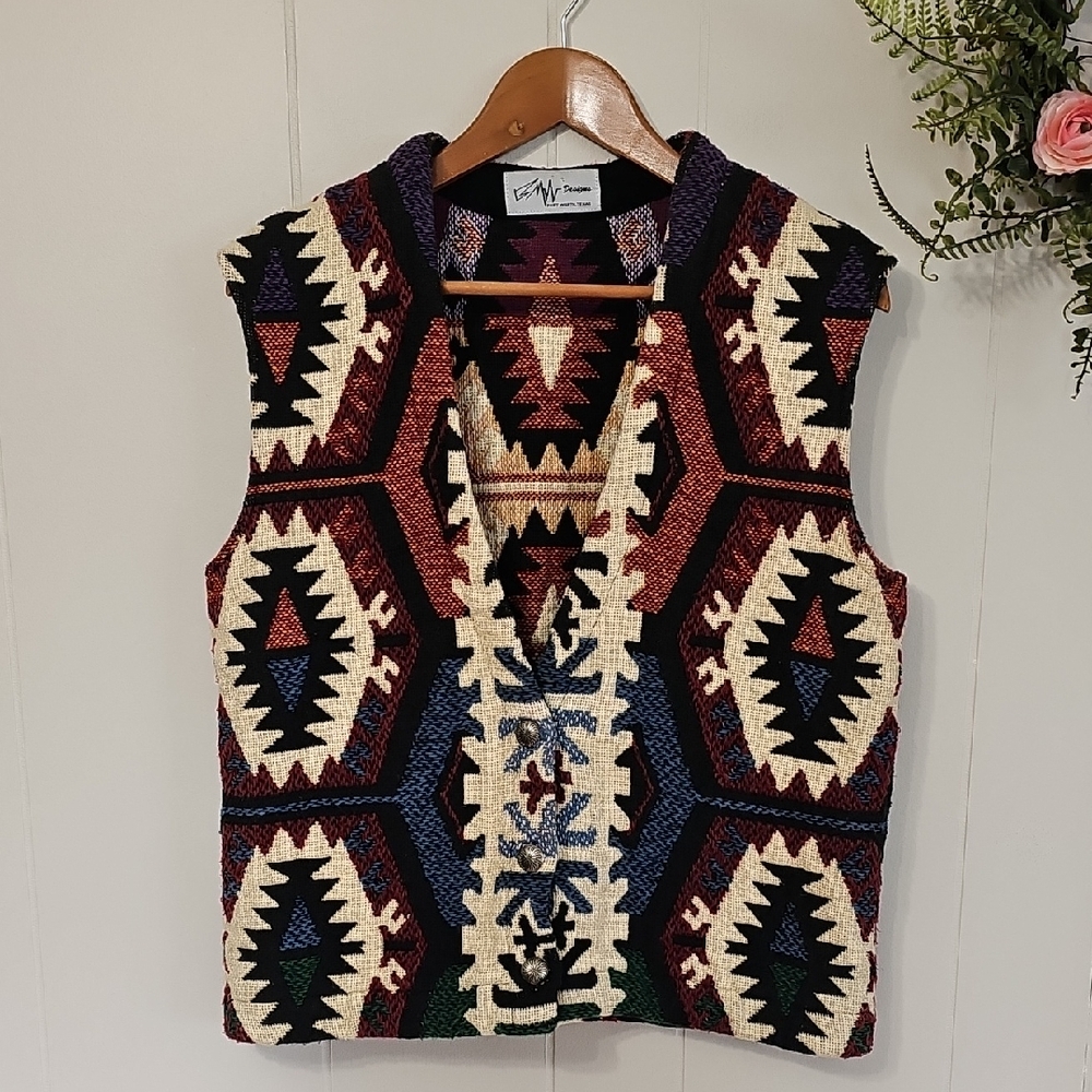 Southwest Geometric Patterned Knitted Vest Womens L Cowgirl Southwestern Aztec